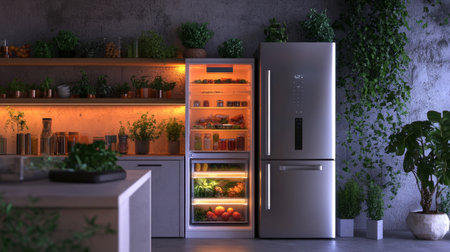 A beautifully designed modern kitchen showcasing an open refrigerator filled with fresh vegetables and fruits, complemented by indoor plants and warm lighting.の素材