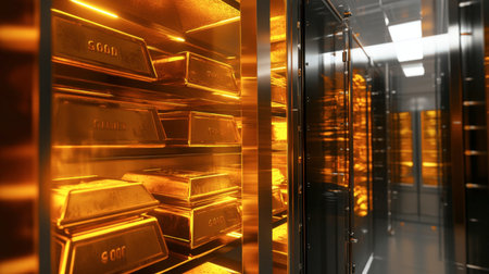 A stunning view of golden bullion bars neatly stored in a secure vault. The high-tech environment showcases the wealth and luxury of gold as a prime investment asset.の素材