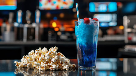 A vibrant blue drink with raspberries sits next to a pile of popcorn, creating an inviting scene perfect for a party or movie night. Enjoy a delightful snack!の素材