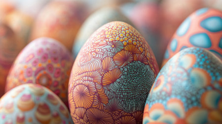 A close-up of Easter egg designs showcasing detailed floral and geometric patterns.の素材