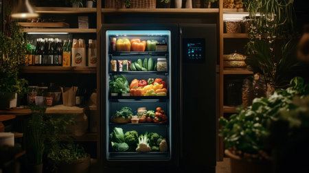 A well-organized refrigerator showcases an array of fresh and vibrant vegetables, emphasizing healthy eating and modern kitchen design. Perfect for lifestyle imagery.の素材