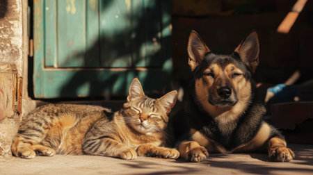 A cat and a dog lying together on a sunny porch, with the dog playfully nudging the cat.の素材