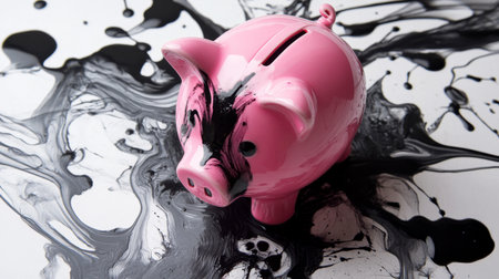 A vibrant pink piggy bank sits on a contrasting black and white background, symbolizing savings and financial planning in a creative and artistic manner.の素材