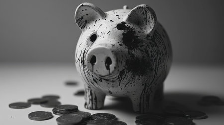 A vintage piggy bank stands prominently amid scattered coins, emphasizing themes of savings and financial awareness in a striking black and white format.の素材