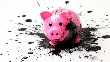 A vibrant pink piggy bank stands out against a chaotic backdrop of black paint splatter, symbolizing the fun and creative side of saving and finance.の素材