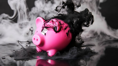 A vibrant pink piggy bank surrounded by swirling black smoke, symbolizing the contrast between hope and destruction in finance. A striking visual for conceptual themes.の素材