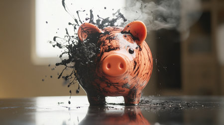 A striking image of a piggy bank exploding with black paint, symbolizing financial struggles and chaotic money management. Perfect for finance concepts.の素材
