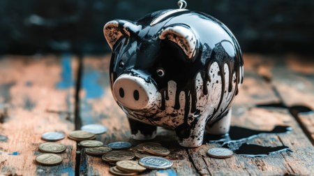 A black piggy bank with dripping paint sits among scattered coins on a rustic wooden table, symbolizing financial challenges and savings concepts.の素材
