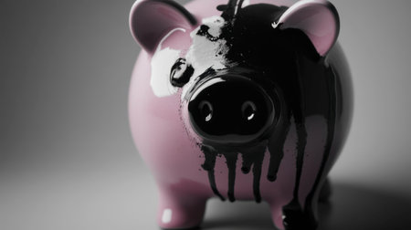 This abstract image features a piggy bank with black paint dripping effect, highlighting themes of finance, savings, and creative expression in a unique way.の素材