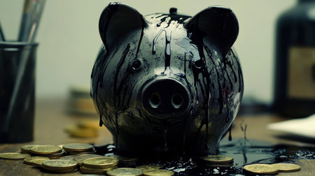 A black piggy bank covered in oil, surrounded by scattered coins. This image symbolizes financial loss, economic crisis, and the impact of corruption on savings.の素材