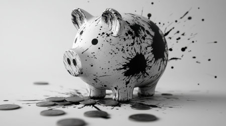 A unique piggy bank covered in paint splashes stands among scattered coins, creating a striking visual metaphor for savings and creativity in finance.の素材