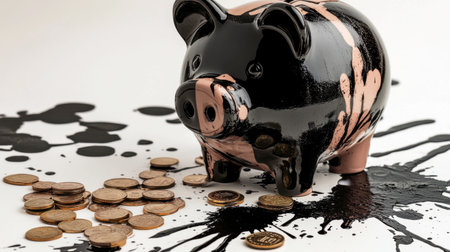 A striking piggy bank surrounded by coins and vivid paint splatter. This artistic representation blends finance and creativity, perfect for visual themes.の素材