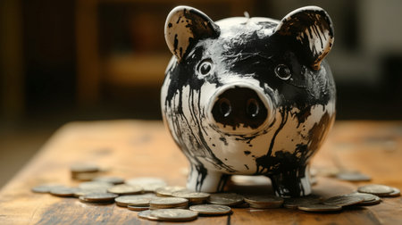 An artistic piggy bank in black and white finishes sits amidst scattered coins on a wooden table, symbolizing savings and financial planning.の素材