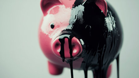 A vibrant piggy bank with sleek black paint dripping down, symbolizing financial themes and creativity. Perfect for illustrating concepts of saving and money management.の素材