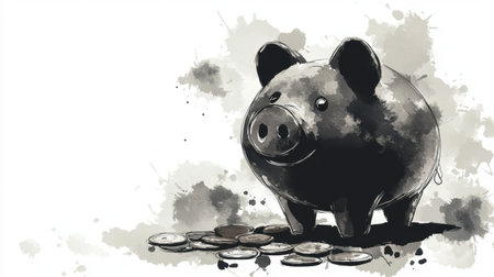 This artistic illustration features a black piggy bank surrounded by coins, symbolizing savings and financial planning in a creative, playful style.の素材