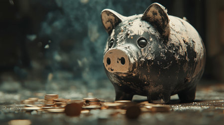 A vintage piggy bank with a weathered appearance sits amid scattered coins on a rustic wooden table, symbolizing savings and financial planning.の素材