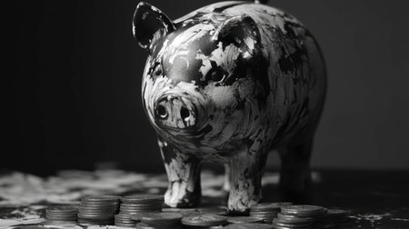 This artistic black and white piggy bank stands over coins, capturing the essence of finance and savings in a creative and minimalistic style.の素材