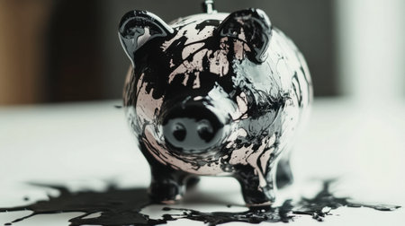 An artistic representation of a piggy bank covered in black paint, symbolizing financial challenges and unique creative expression. Perfect for finance concepts.の素材