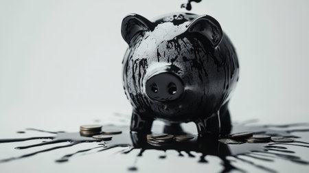 A striking image of a black piggy bank surrounded by coins and a liquid spill, symbolizing challenges in finance and the concept of saving.の素材