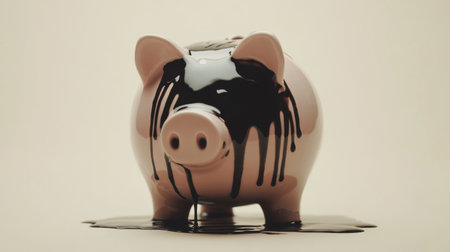 A piggy bank covered in black paint depicts the struggle of financial management and loss. The striking contrast and mess highlight the importance of budgeting.の素材