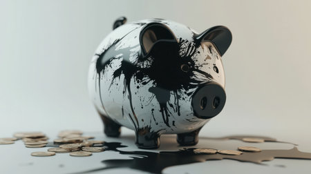 A creative representation of a piggy bank, splattered with paint and surrounded by scattered coins, showcasing a playful take on savings and finance.の素材