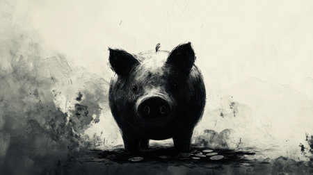 This artistic illustration features a pig surrounded by coins, created in dark tones, emphasizing themes of finance and savings in a unique abstract style.の素材