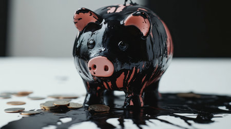 A creative piggy bank, coated in black paint and surrounded by scattered coins. This artistic take on finance evokes themes of saving and spending.の素材