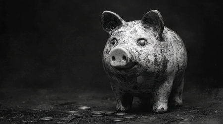 A vintage ceramic piggy bank stands against a dark background, surrounded by scattered coins. This black and white image evokes nostalgia and represents savings.の素材