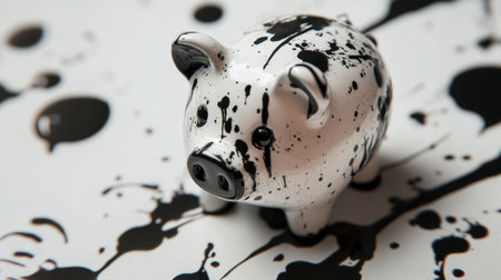 A charming piggy bank stands out against a vibrant backdrop of black and white paint splashes. Ideal for finance and creativity themes.の素材