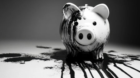 A damaged white piggy bank with black paint splatter symbolizes financial distress and loss. The contrasting colors create a striking visual representation of economic challenges.の素材