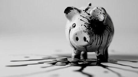 A striking image of a piggy bank with ink splatter, symbolizing financial chaos and the disruption of savings, surrounded by scattered coins.の素材