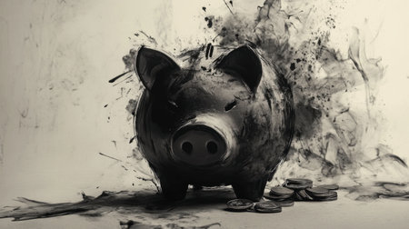 An abstract piggy bank stands amidst a splash of coins, evoking creativity and modern finance. This striking artwork emphasizes themes of savings and investment.の素材