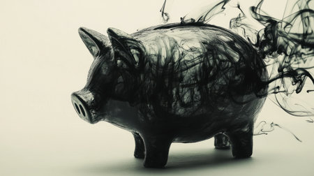 This artistic illustration features a piggy bank enveloped in swirling smoke, symbolizing financial concepts like saving, investment, and economic risk.の素材