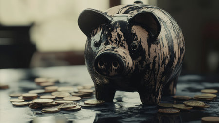 A decorative piggy bank sits atop a wooden table surrounded by scattered coins, symbolizing savings and financial management concepts for personal finance endeavors.の素材