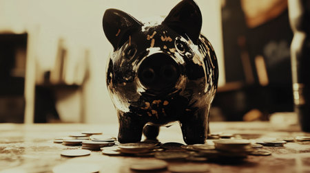A close-up view of a black piggy bank sitting on a table, surrounded by scattered coins. This image symbolizes the concepts of saving, budgeting, and financial planning.の素材