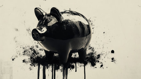 A stylish black piggy bank stands against a dramatic ink splatter backdrop, symbolizing savings and financial growth in an artistic way. Perfect for finance-related themes.の素材