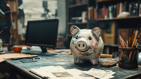 A colorful piggy bank sits on a cluttered desk, surrounded by artistic tools and papers, embodying creativity and financial aspirations in a vibrant workspace.の素材