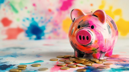 A vibrant piggy bank surrounded by scattered coins on a colorful backdrop, symbolizing saving and financial growth. Perfect for playful finance themes.の素材