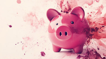 A vibrant pink piggy bank sits against a colorful splash background, symbolizing savings, finance, and childhood nostalgia. Perfect for creative concepts.の素材