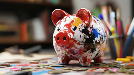 A vibrant and artistic piggy bank stands out amidst scattered coins and stationery. Perfect for themes of savings, finance, and childhood creativity.の素材