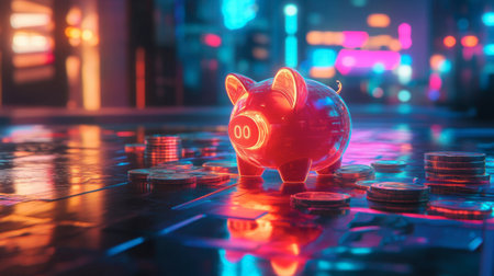 A vibrant piggy bank glowing in neon hues stands amidst scattered coins, set against an urban backdrop, symbolizing modern finance and savings.の素材