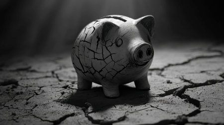 A cracked piggy bank sits on dry ground, symbolizing financial struggle and loss. The monochrome image evokes emotions tied to economic despair and poverty.の素材