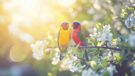 Two vibrant birds perched on a branch filled with blossoming flowers, capturing the essence of love and beauty in a serene nature setting. Ideal for nature lovers.の素材