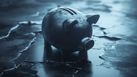A dark piggy bank sits on a cracked surface, symbolizing savings and financial security. The contrast highlights its texture and minimalist design.の素材