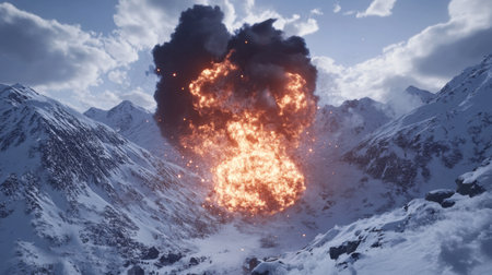 A powerful explosion erupts in a snow-covered mountain landscape, sending clouds of smoke and flames high into the sky, creating a stunning visual spectacle.の素材