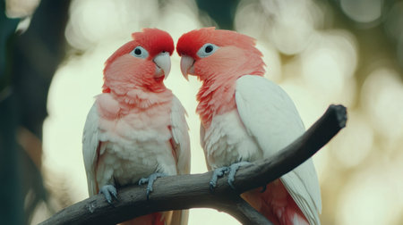 Two vibrant lovebirds share a moment on a branch in soft light, showcasing their colorful feathers and affectionate bond in a natural setting.の素材