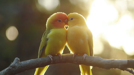 Two vibrant lovebirds share a tender moment on a branch during sunset, showcasing their beautiful plumage and affectionate behavior in nature.の素材