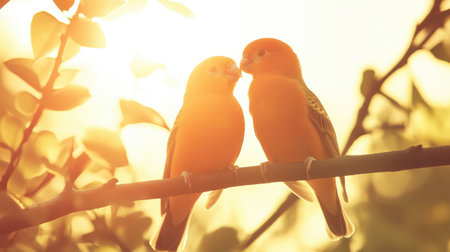Two vibrant lovebirds share a tender moment on a branch, basking in the warm glow of the sunrise. A perfect capture of nature's beauty and romance.の素材