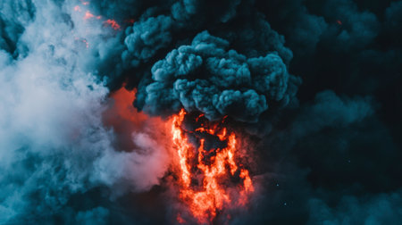 A striking image capturing a fiery explosion surrounded by dark smoke, creating a dramatic and intense atmosphere. Ideal for showcasing chaos and energy.の素材