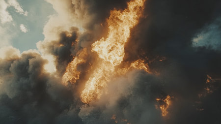 A dynamic scene featuring intense flames bursting through dark, ominous clouds, creating a striking contrast of color and energy in the sky.の素材